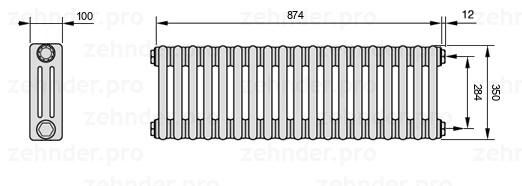 Схема (чертеж) Радиатор Zehnder Charleston 3035/19 №7610 Белый глянцевый RAL 9016